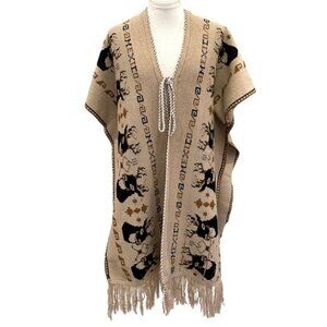 Vintage Bohemian Mexican knit blanket poncho with deer/buck design. One size